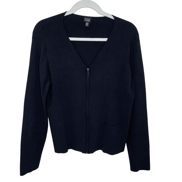 Eileen Fisher Sweaters - Eileen Fisher Black Ribbed Zip Front Cardigan, L